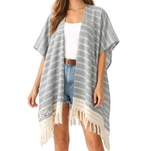 Finns Fickle Goods Handmade Upcycled Striped Kimono Wrap Fringe Crochet Blue OS